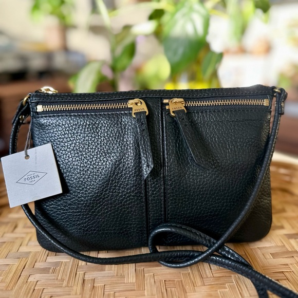 Fossil Black Pebbled Leather Crossbody Bag Double Zip Purse Adjustable Strap - Picture 4 of 10